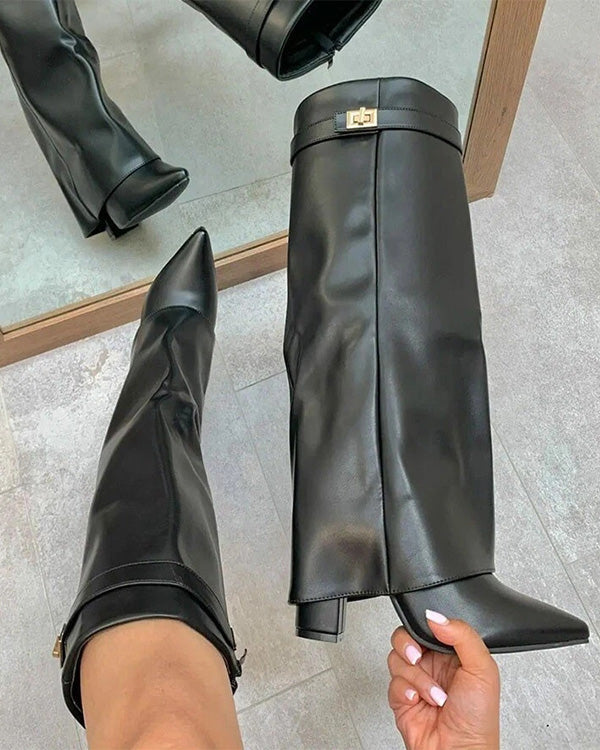 Spitze Kniehohe Stiefel aus Leder mit Umschlag