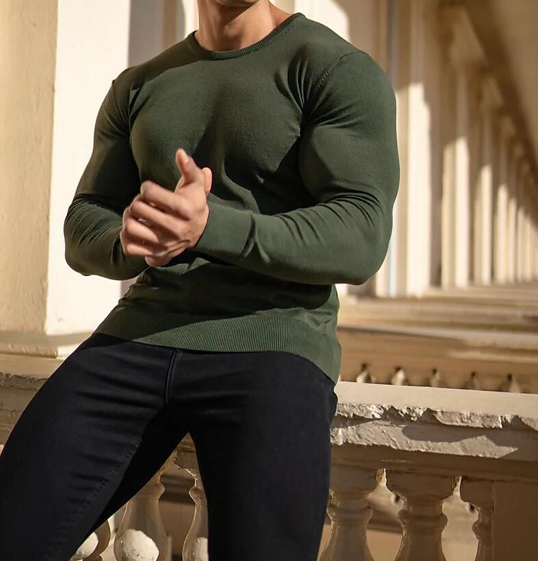 Herren Strickpullover unifarben Rundhals Basic Casual