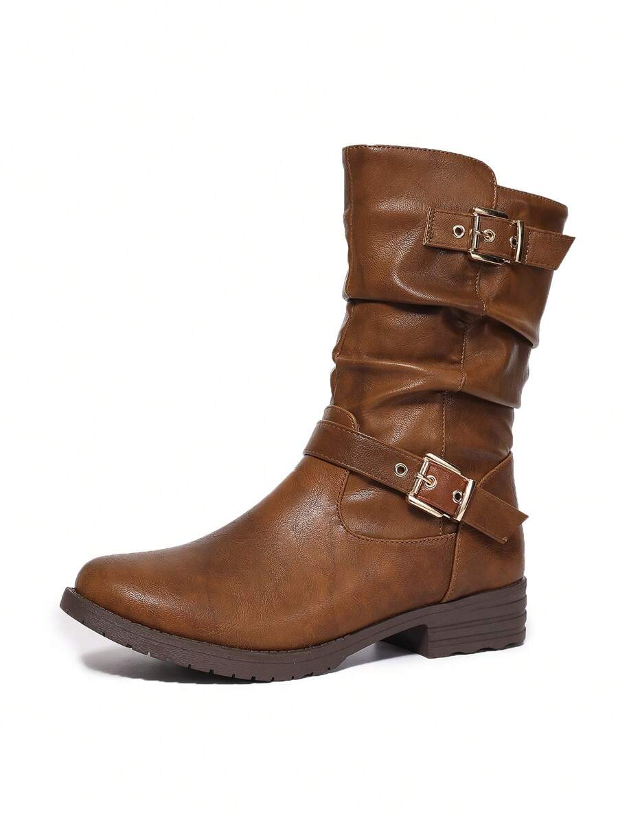 Stiefel aus Kunstleder mit Wellenriemen, Schnalle, Patchwork-Design und seitlichem Reißverschluss