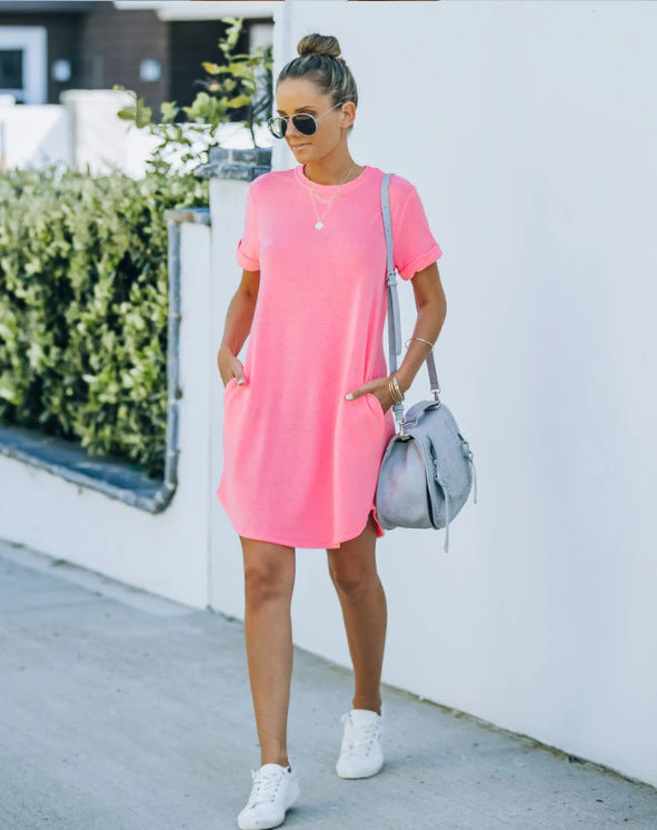 ⏰2025 Damen Freizeit Kurzarmoberteil Kleid Basic Kleider mit Taschen