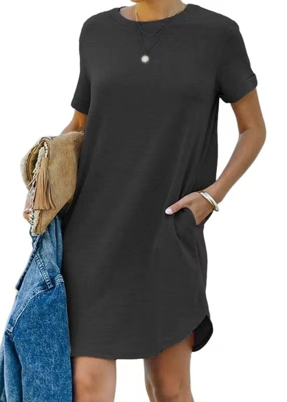 ⏰2025 Damen Freizeit Kurzarmoberteil Kleid Basic Kleider mit Taschen