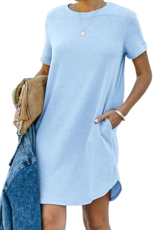 ⏰2025 Damen Freizeit Kurzarmoberteil Kleid Basic Kleider mit Taschen
