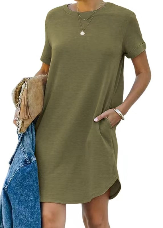 ⏰2025 Damen Freizeit Kurzarmoberteil Kleid Basic Kleider mit Taschen