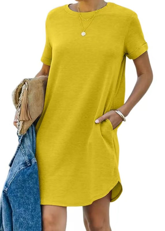 ⏰2025 Damen Freizeit Kurzarmoberteil Kleid Basic Kleider mit Taschen