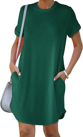 ⏰2025 Damen Freizeit Kurzarmoberteil Kleid Basic Kleider mit Taschen
