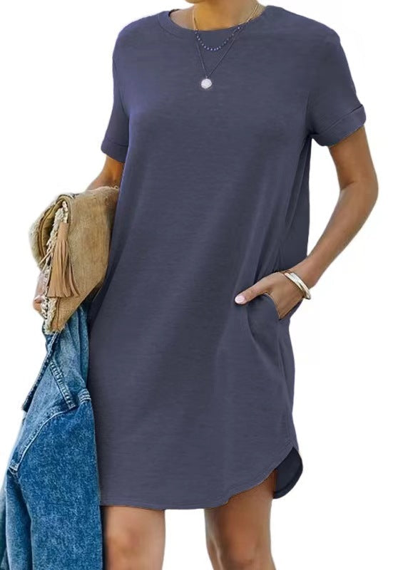 ⏰2025 Damen Freizeit Kurzarmoberteil Kleid Basic Kleider mit Taschen