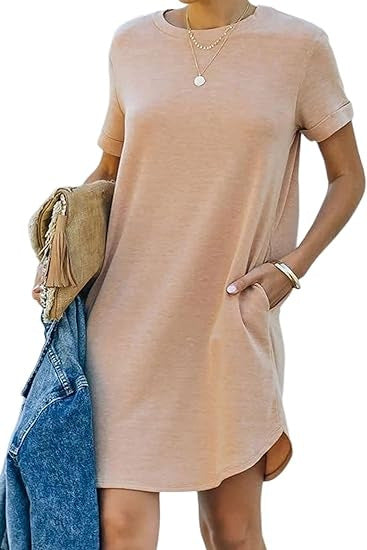 ⏰2025 Damen Freizeit Kurzarmoberteil Kleid Basic Kleider mit Taschen