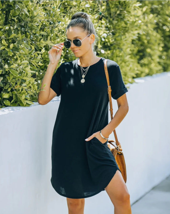 ⏰2025 Damen Freizeit Kurzarmoberteil Kleid Basic Kleider mit Taschen