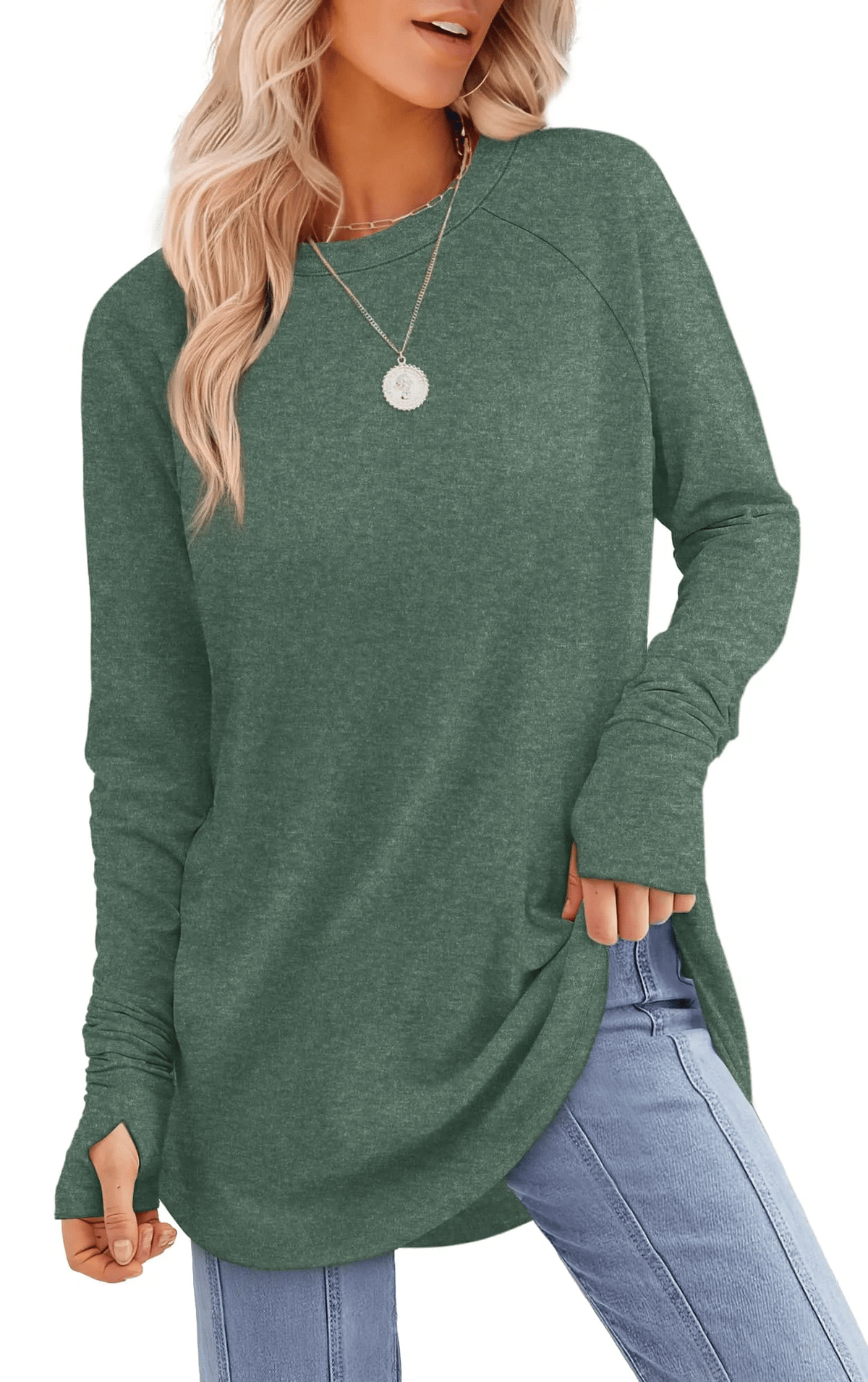 ✨Letzter Tag 69% RABATT✨Damen Langarmshirts mit Daumenloch, Tunika-Oberteile zum Tragen mit Leggings