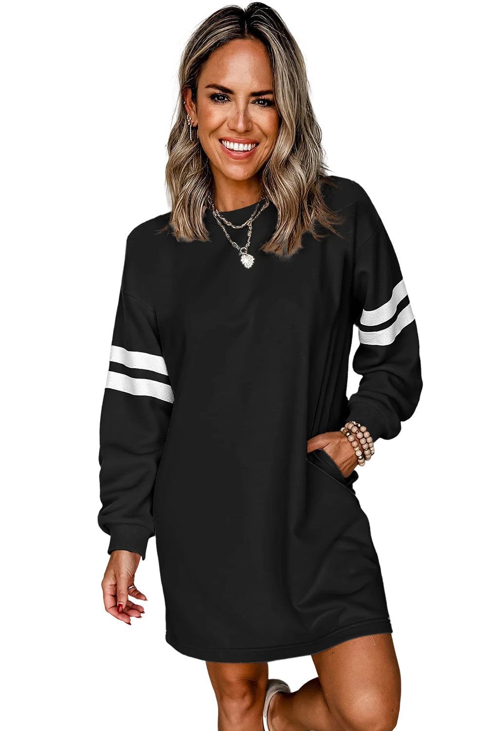 Schwarzes gestreiftes lockeres Minikleid im Preppy-Stil