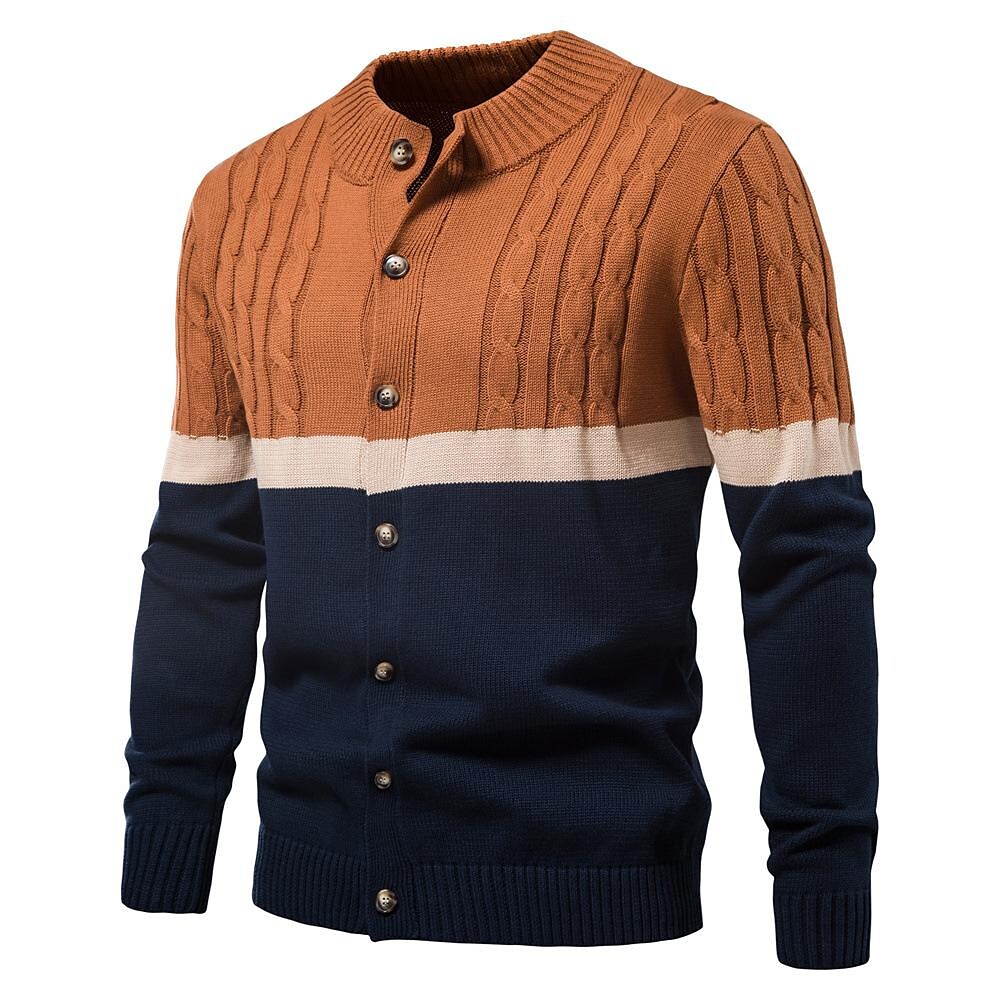 Herren Strickjacke aus Baumwolle mit Stehkragen und kontrastierenden Streifen