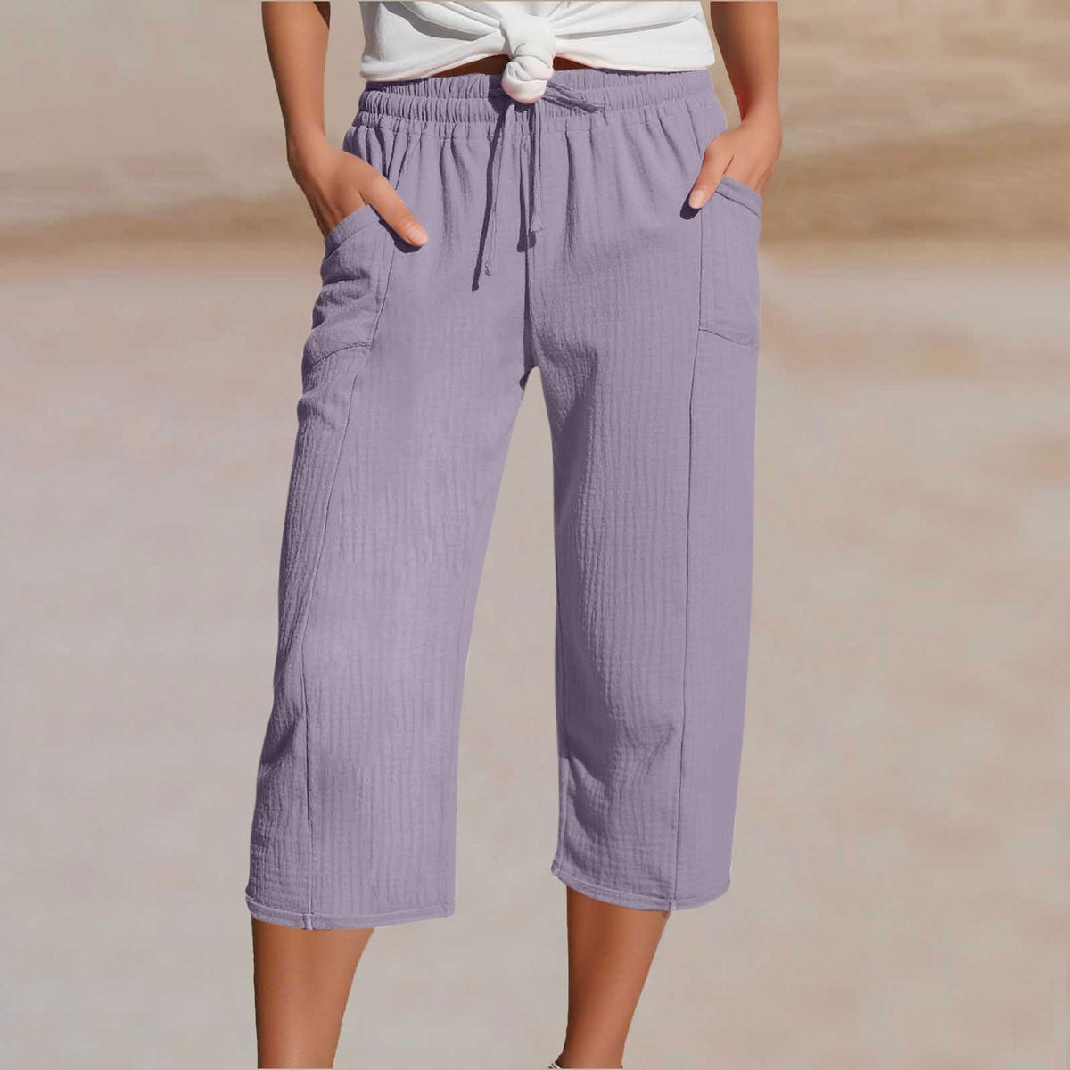Einfarbige Shorts aus Baumwoll-Leinen-Mix mit Falten für Damen