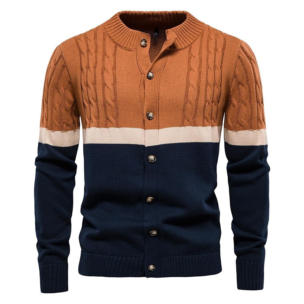Herren Strickjacke aus Baumwolle mit Stehkragen und kontrastierenden Streifen