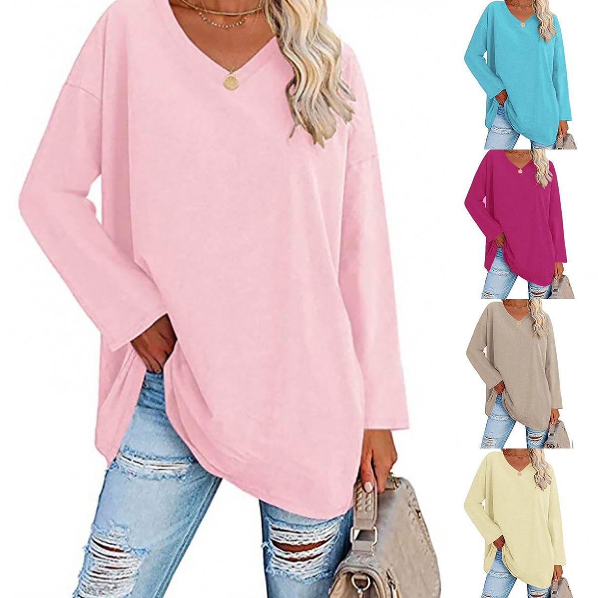 🔥Bis zu 69 % RABATT heute🔥Damen Herbst/Winter 2025 Oversize-Oberteile Langarm Lässige V-Ausschnitt Loose T-Shirts