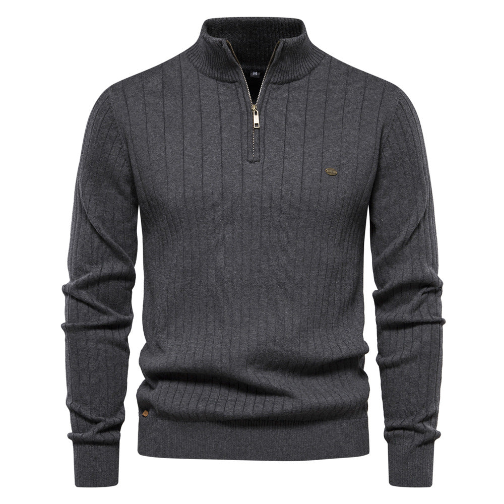Herren Lässiger Baumwoll-Pullover mit halbem Reißverschluss und Stehkragen