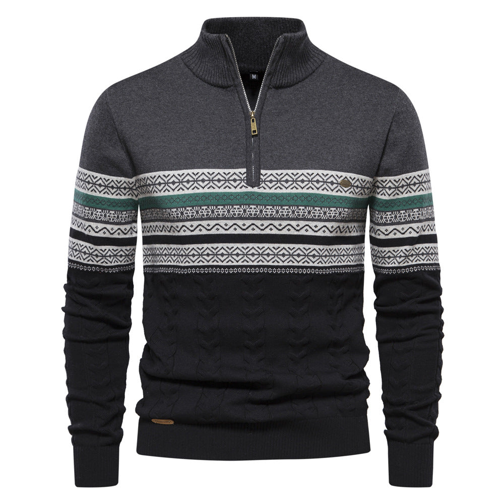 Herren Strickpullover mit Ethno-Muster und halbem Reißverschluss