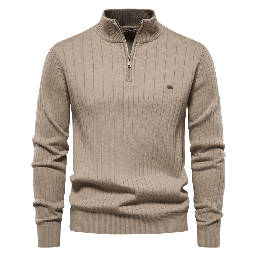 Herren Lässiger Baumwoll-Pullover mit halbem Reißverschluss und Stehkragen