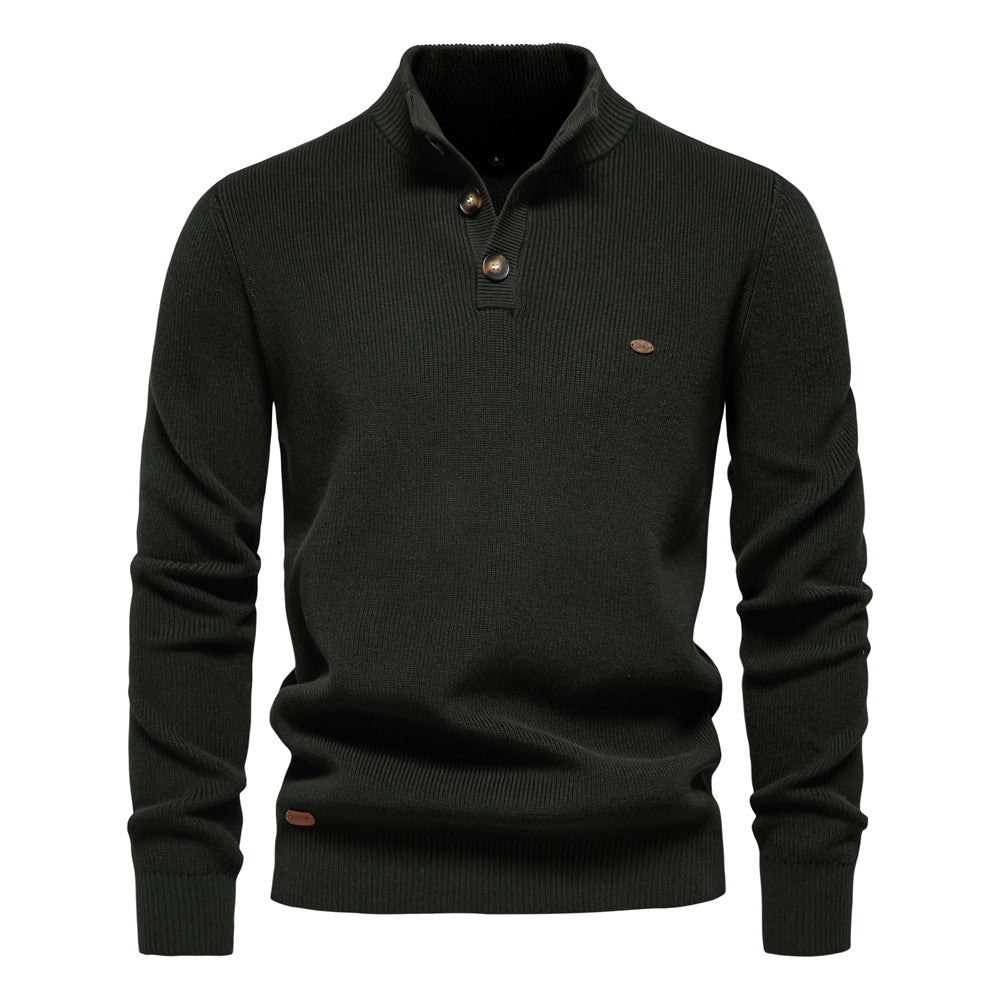 Men's Mock Neck Button-Up Cotton Pullover Sweater