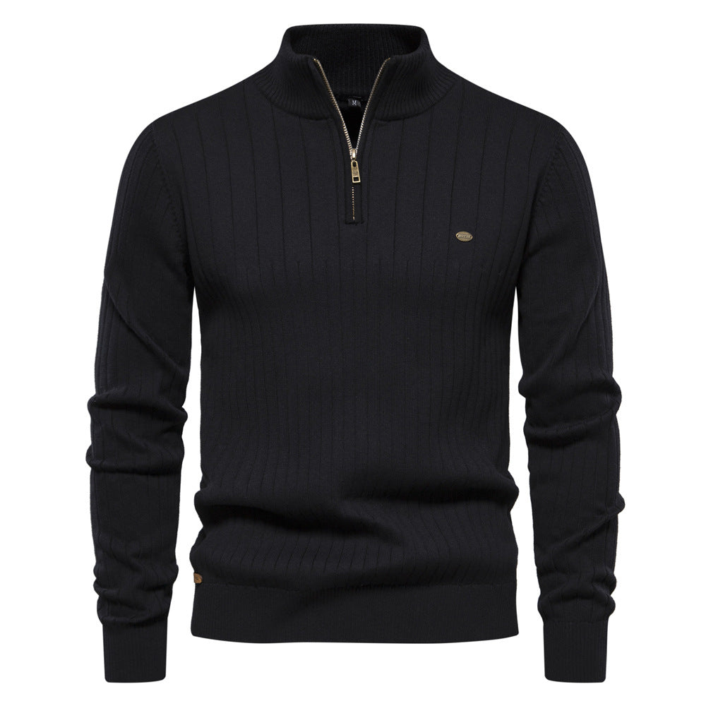 Herren Lässiger Baumwoll-Pullover mit halbem Reißverschluss und Stehkragen