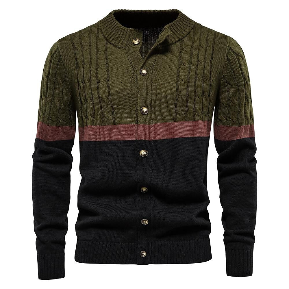 Herren Strickjacke aus Baumwolle mit Stehkragen und kontrastierenden Streifen
