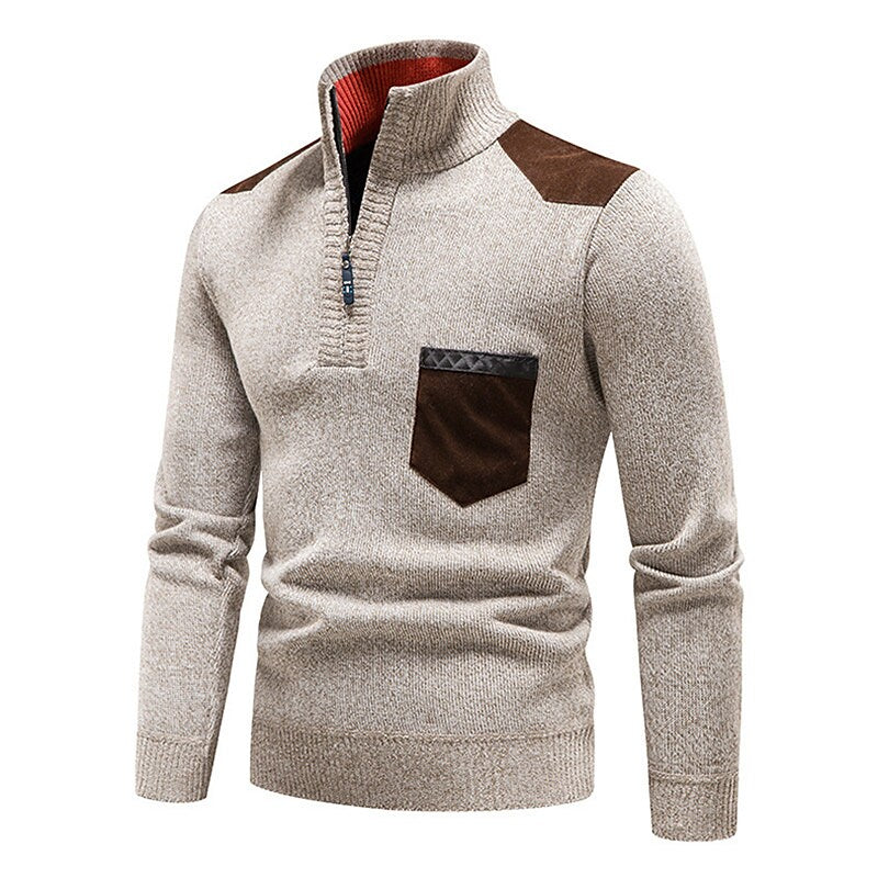 Herren Stehkragen Color Block Fleece-Pullover mit halbem Reißverschluss