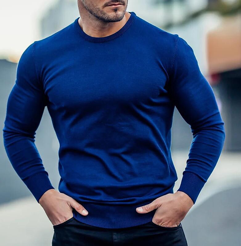 Herren Strickpullover unifarben Rundhals Basic Casual