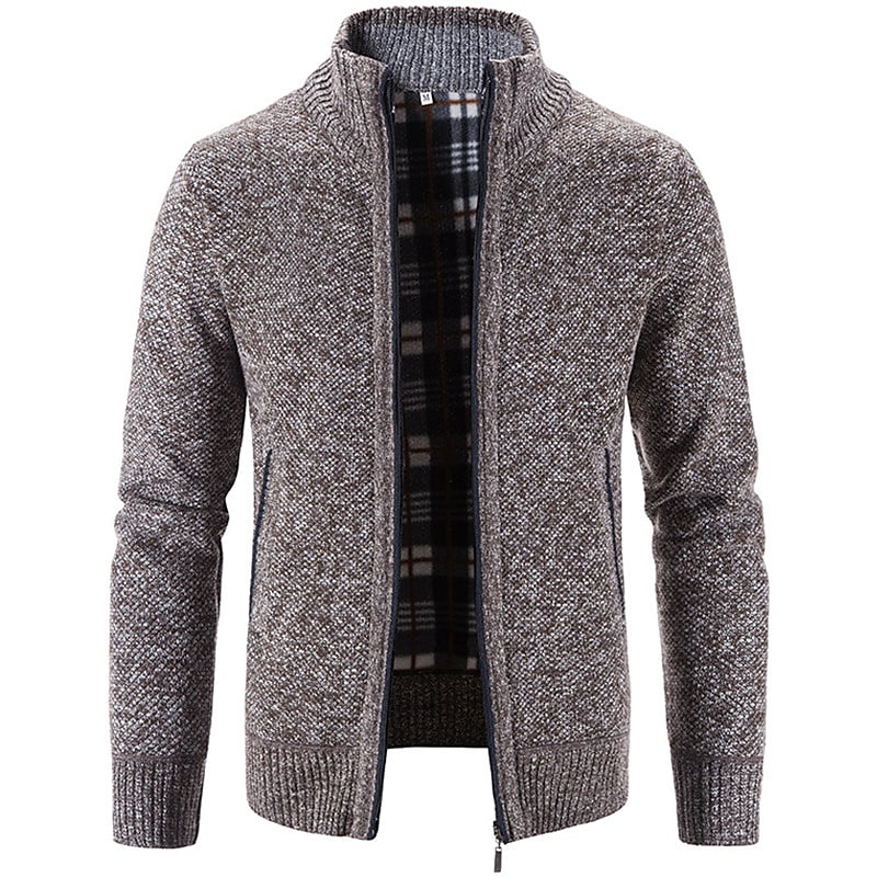 Men's Solid Color Stand Collar Zip Cardigan