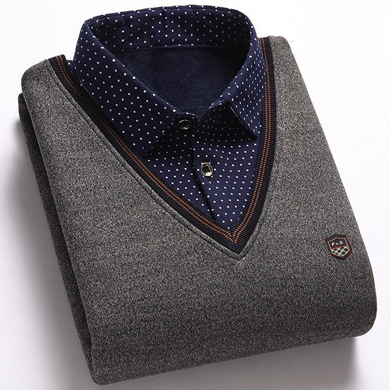 Men's Fleece Patchwork Fake Two Piece Knit Sweater