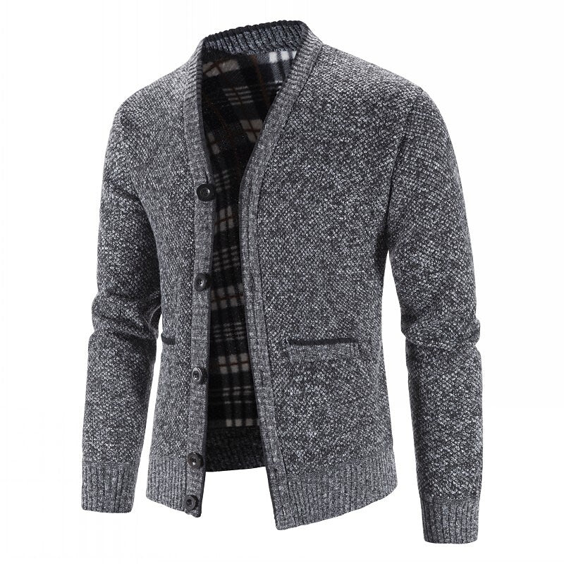 Men's Knitted V-Neck Button Down Cardigan Sweater With Flannel Lining And Pockets