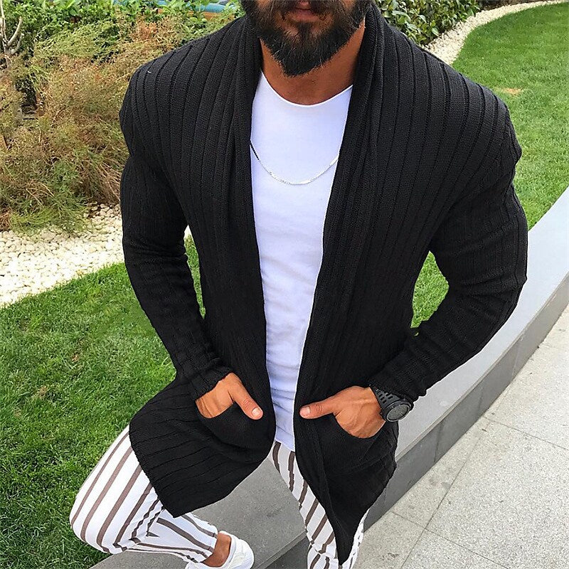Herren Cardigan aus geripptem Strick mit V-Ausschnitt und Unifarbe