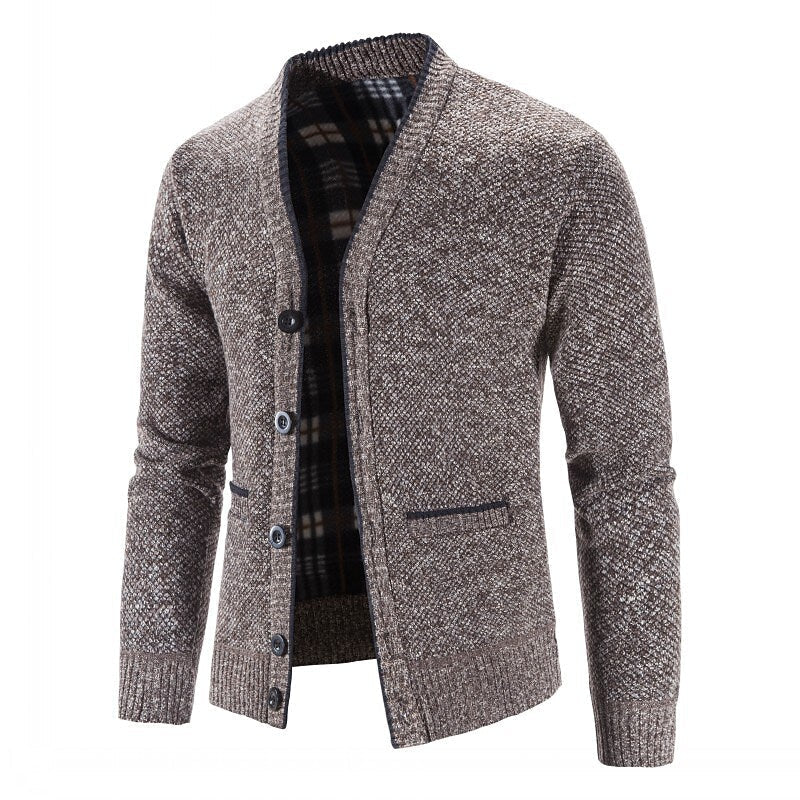 Men's Knitted V-Neck Button Down Cardigan Sweater With Flannel Lining And Pockets