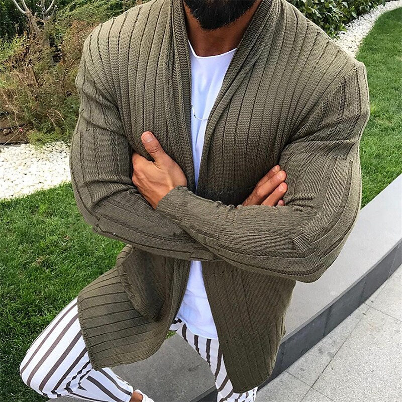 Herren Cardigan aus geripptem Strick mit V-Ausschnitt und Unifarbe