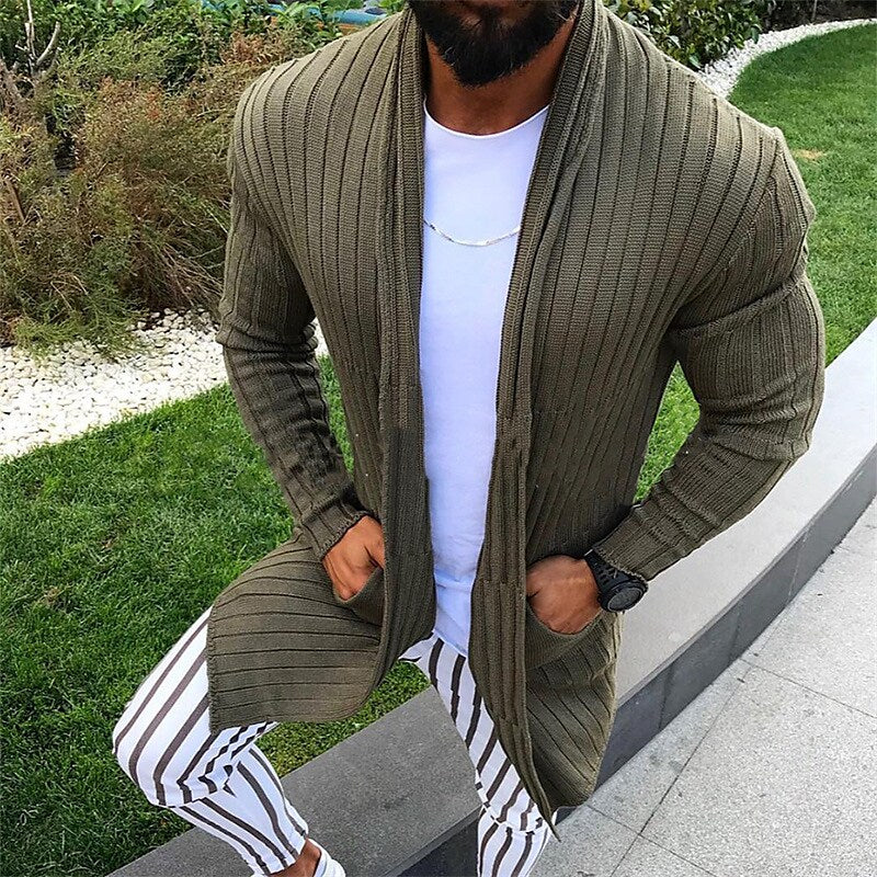 Herren Cardigan aus geripptem Strick mit V-Ausschnitt und Unifarbe